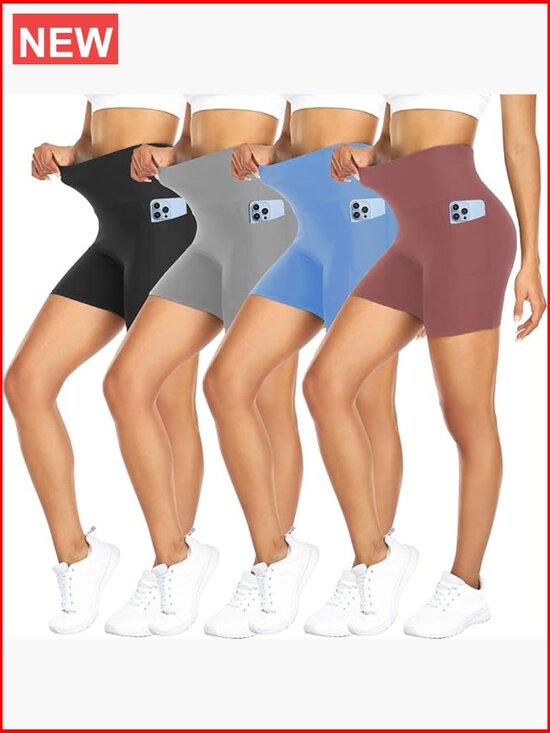 Pants - 4 Pack Biker Shorts with Pockets – High Waisted Tummy Control Workout Yoga